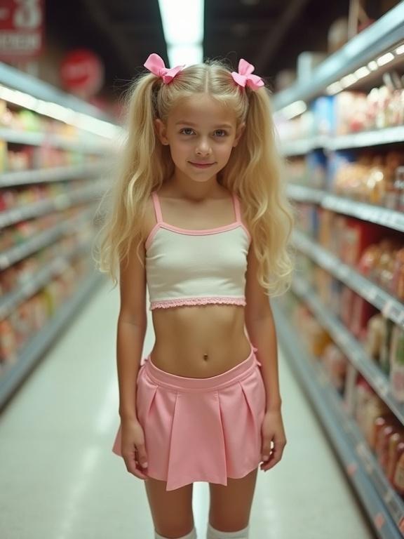 A brightly lit supermarket aisle with shelves of products. A blonde girl with twin tails stands confidently in the aisle. She wears a short crop top with a pale pink skirt and thigh-high socks. Simple black shoes complete her outfit. Pink bows adorn her hair.