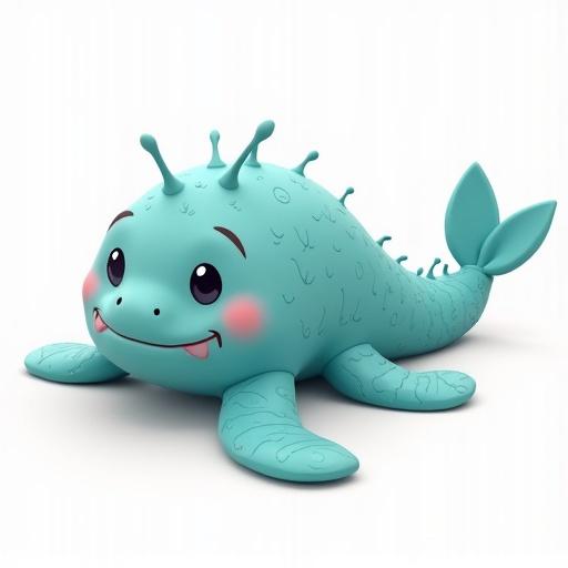 Cartoon style character representing a sea cucumber. Character in light blue color with soft features and smiling expression. Clean white background enhancing visibility of character.