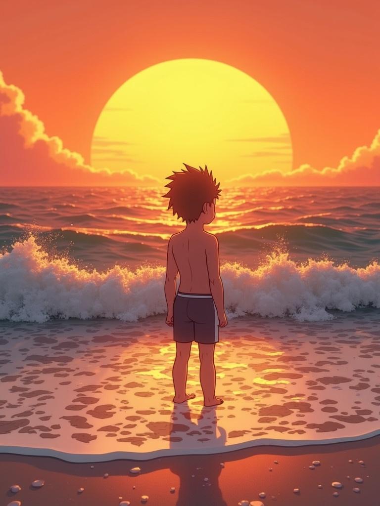 Anime style illustration of a young boy standing at the beach. Boy wears swim trunks. Ocean waves are soft against the shoreline. Large orange sun is setting.