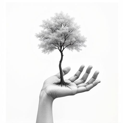 Tree emerging from a human hand represented in a continuous line drawing style. Minimalistic black and white design.