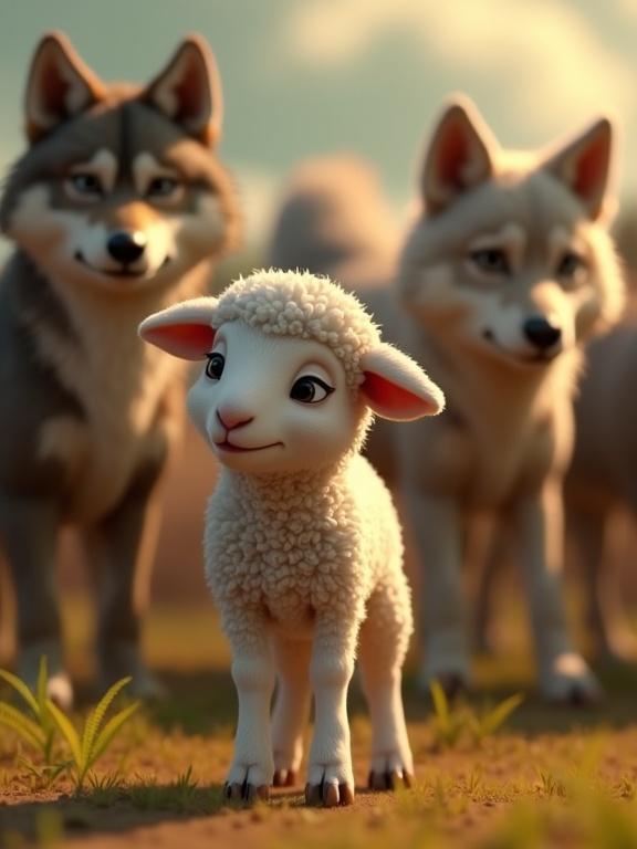Nervous lamb stands among wolves in a forest setting. The lamb looks small and timid. Wolves have friendly expressions. Bright colors and cute designs in Pixar animation style.