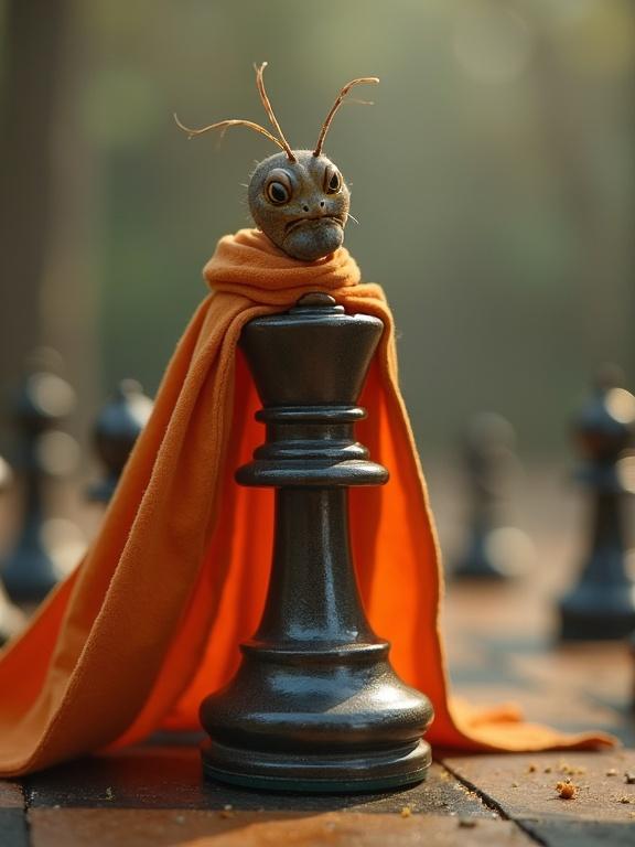 A chess king pawn depicted as a whimsical creature with a lively expression. It wears an orange cloak that flutters in the wind. Background features other chess pieces lurking in the shadows. The perspective is from below, creating an imposing view of the pawn.
