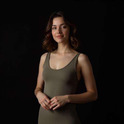 Photograph of a young woman with a relaxed posture in a dimly lit indoor space. Focus on her against a dark background. Soft natural light illuminates her face and upper body. Minimalistic color scheme with a ribbed tank dress. Emphasizes natural beauty and confidence. Calm expression and wavy hair.