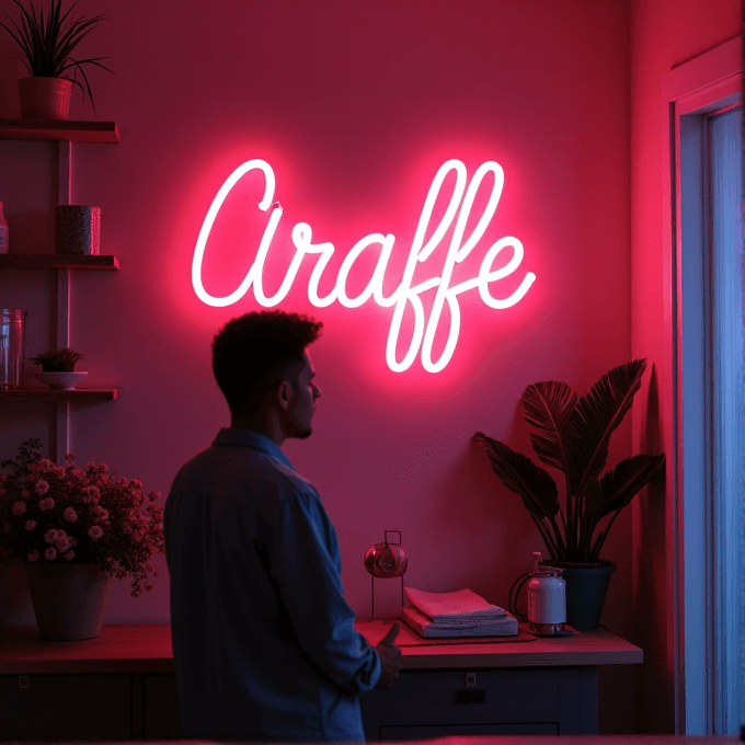 A man stands in a dimly lit room with a pink neon sign reading 'Giraffe' on the wall.