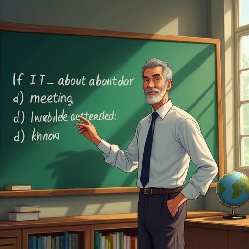A male teacher in his 40s stands confidently in front of a green chalkboard. He points to a multiple-choice grammar question written in white chalk. In the background, there are shelves of books and a globe. The room is filled with bright, natural light. Style is reminiscent of Ghibli.