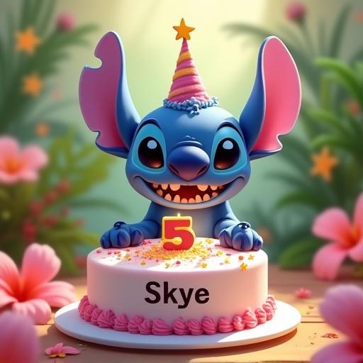 Birthday celebration featuring Stitch character. Character is blue with large pink ears. Cake is white with pink frosting. Cake has a number 5 on it. Name Skye is written on the cake. Background has tropical flowers and decorations. Scene is cheerful and colorful.