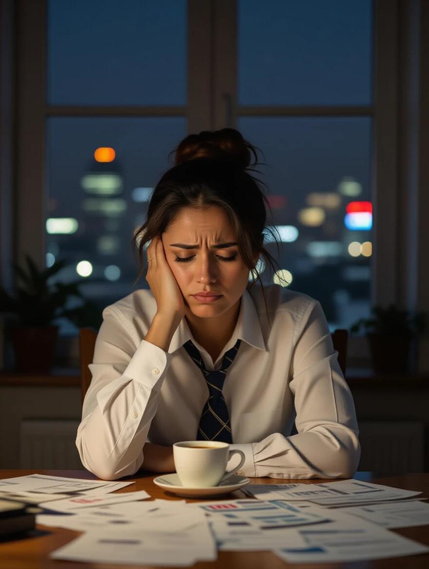 A tired woman sits alone at a kitchen table late at night. Surrounding her are bills and a half-finished coffee. She wears office clothes with a loosened tie and has messy hair. The lighting is dim and moody, with city lights visible through the window. She expresses emotional exhaustion and stress.