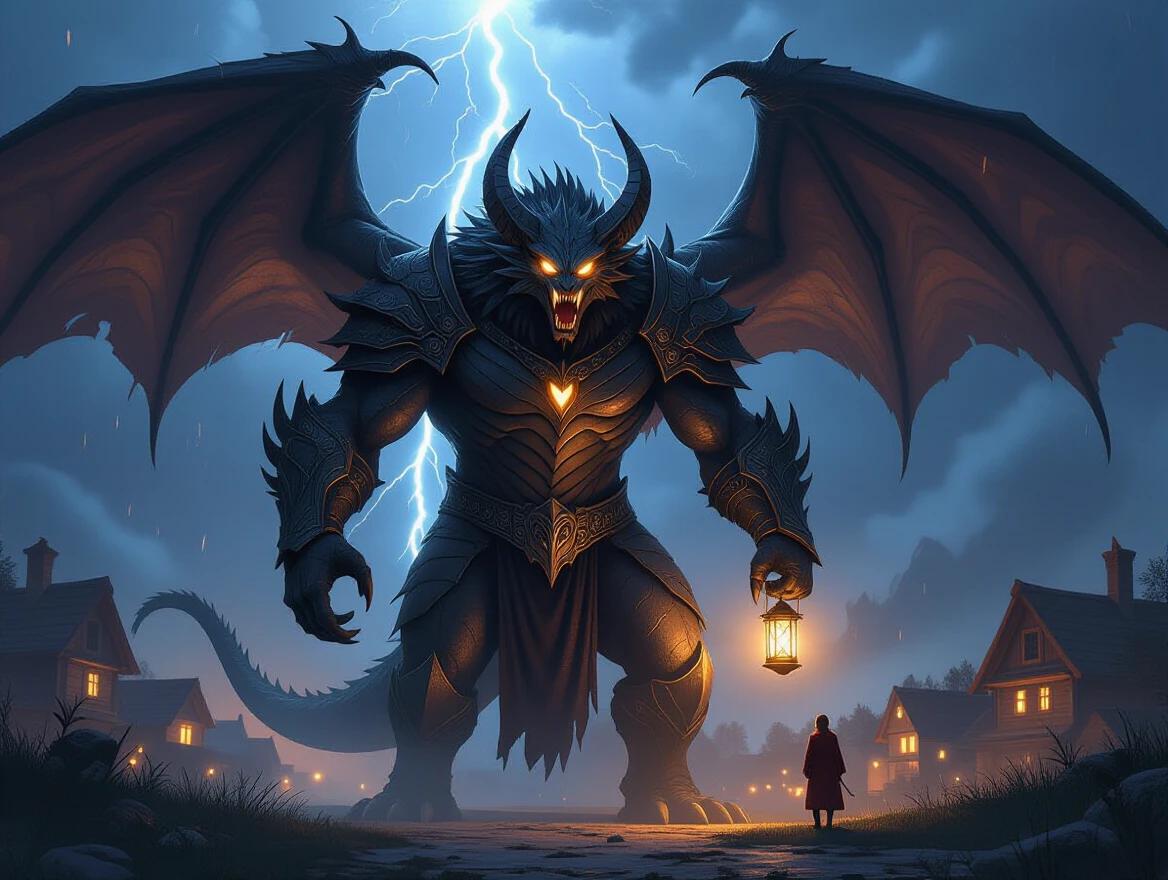 A towering beast with razor-sharp claws massive wings glowing eyes obsidian armor-like scales roaring in the night sky lightning behind. It stands protectively over a sleeping village with a gentle expression despite its monstrous form. The creature holds a lantern in its clawed hand. It is a fantasy creature guardian depicted in emotional concept art with cinematic lighting in 8k resolution. The artwork is ultra-detailed featuring a stormy background with glowing lights and a story-rich design.