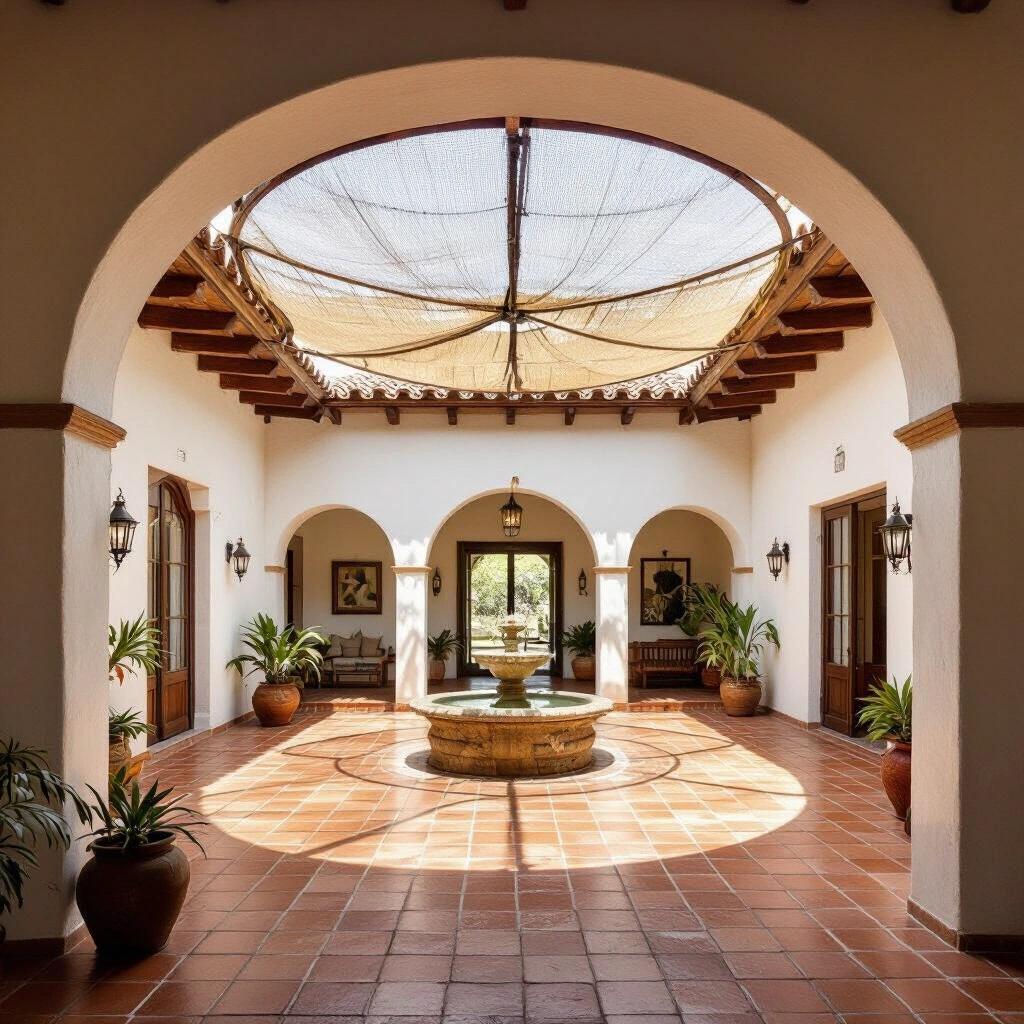 A traditional Mexican hacienda with a large central patio. Hub of the home surrounded by rooms. Circular mesh shade installed on the patio edges. Center fully open to the sky. Rustic terracotta tile floor. White stucco walls. Arched doors and windows. Warm daylight ambiance. Viewed from slightly elevated angle.