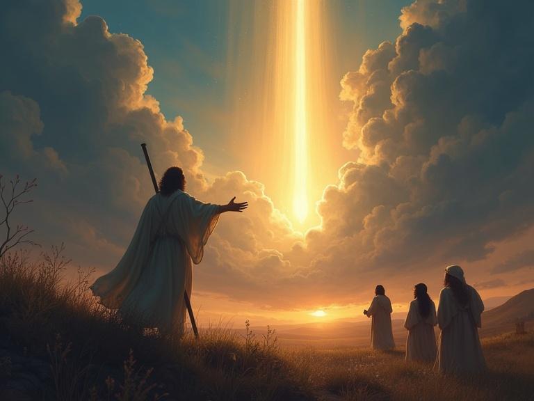 Enoch reaches toward a glowing light in the sky. Villagers appear confused in the background. The style is symbolic with ethereal colors. The aspect ratio is 9:16.