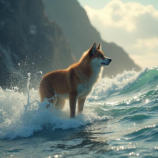 A realistic depiction of a dog standing in ocean waves. The dog is golden in color. Sunlight shines through clouds in the background. The water splashes around the dog's legs. The scene captures the joy of a pet enjoying the beach.