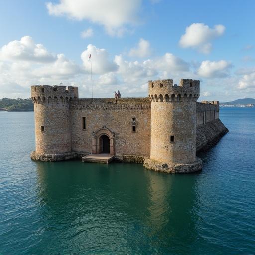 Aerial view of the Fuerte de San Felipe de Barajas in Cartagena de Indias. Captured from a drone. The fortress stands on the water. Features two prominent towers and a sturdy entrance.