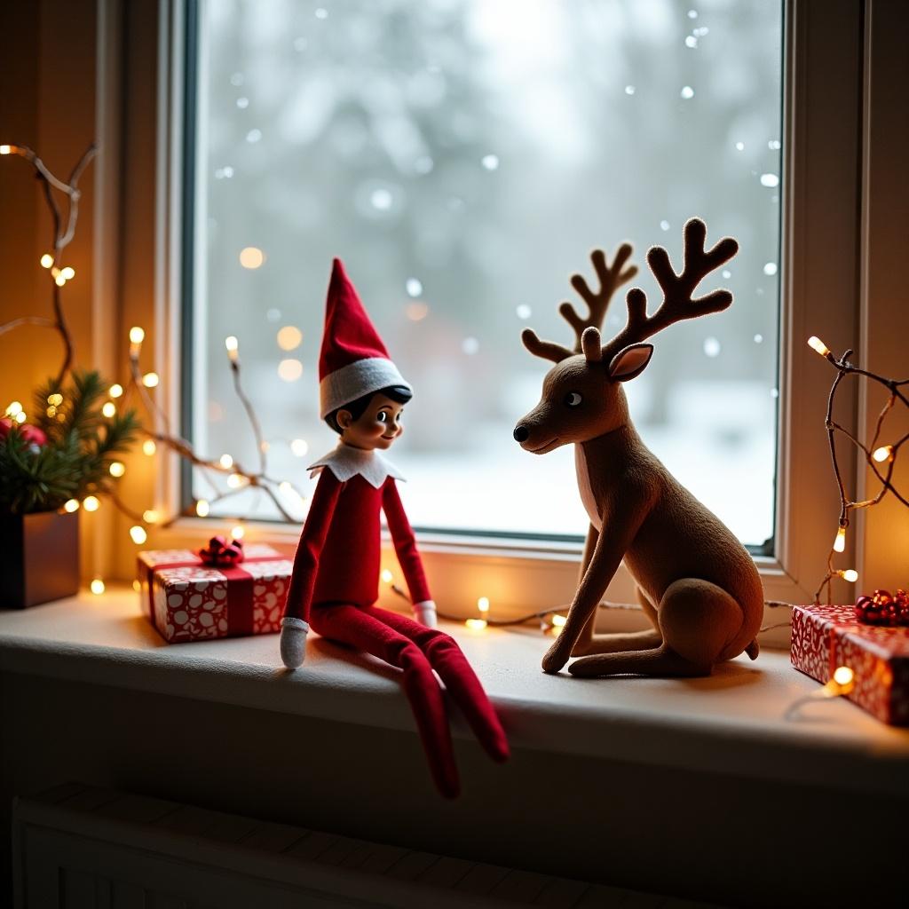 Elf on the Shelf positioned between two playful reindeer next to a window. The scene features festive decorations, snow outside, and holiday gifts nearby. Appears like a photograph.