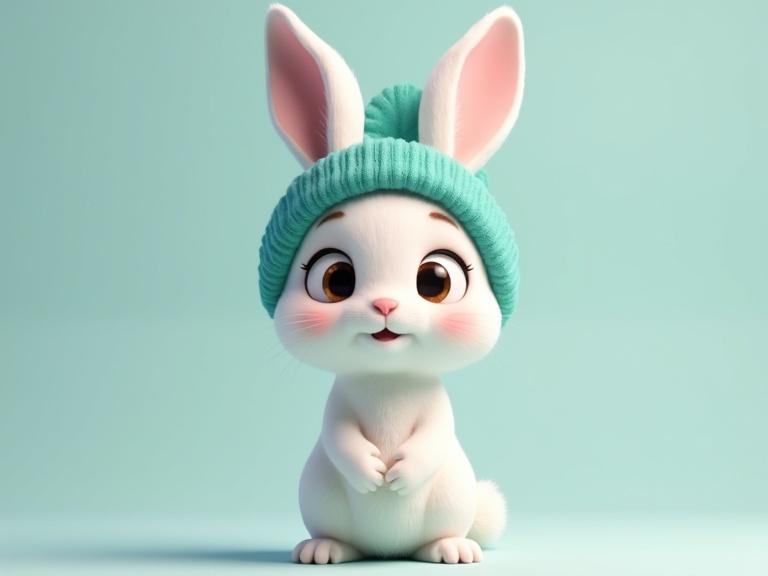 Digital rendering of a cute rabbit character. Round face with big eyes and a fluffy tail. Wears a cyan knitted hat. Bright colors and soft lighting. Clean and simple background focus on the rabbit.