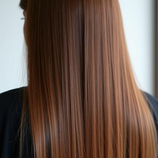 Japanese beautiful straight hair showcasing shine and texture with a unique hair whorl. The focus is on the long hair from a back perspective.