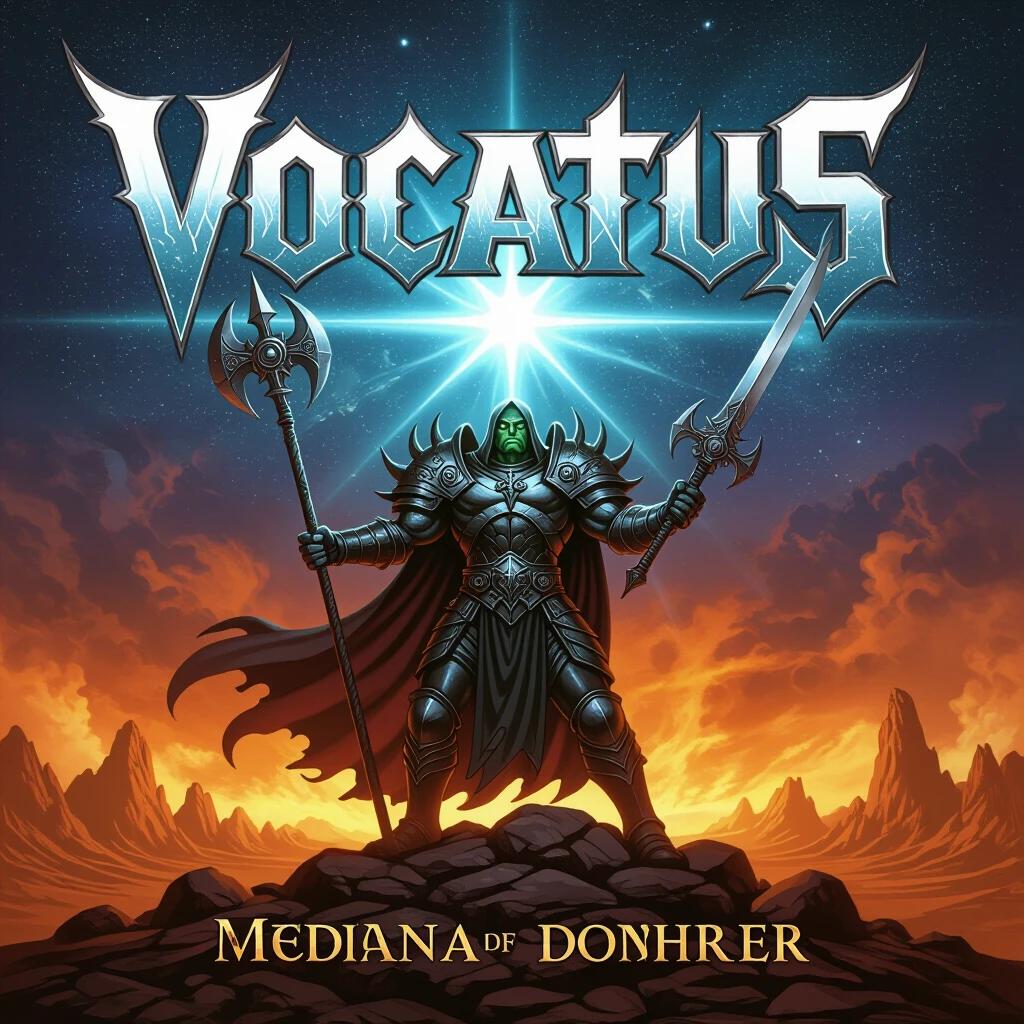 Heavy metal album cover art for a band named Vocatus. A heroic armored figure stands on a mountain with a sword and axe. Bright light beams from above illuminating the figure. Epic fantasy landscape in the background. Title reads 'Mediana of Donhrer'.