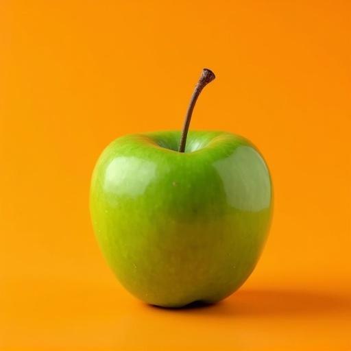 A shiny green apple against an orange background. The apple has a smooth surface. The background is a bright orange. The apple is placed centrally in the image.