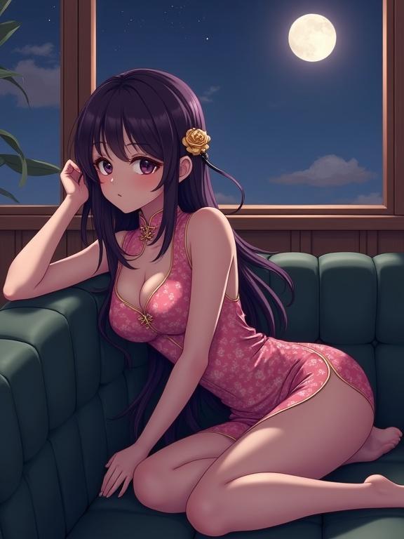 A beautiful anime woman lies on a plush black sofa in a retro coffee shop setting. She has long dark purple hair flowing over her shoulders. She wears a sleeveless shokking pink dress with gold floral patterns. A full moon illuminates the night sky through a nearby window. The lighting is soft and warm. The scene is ultra-detailed in a semi-realistic anime style.