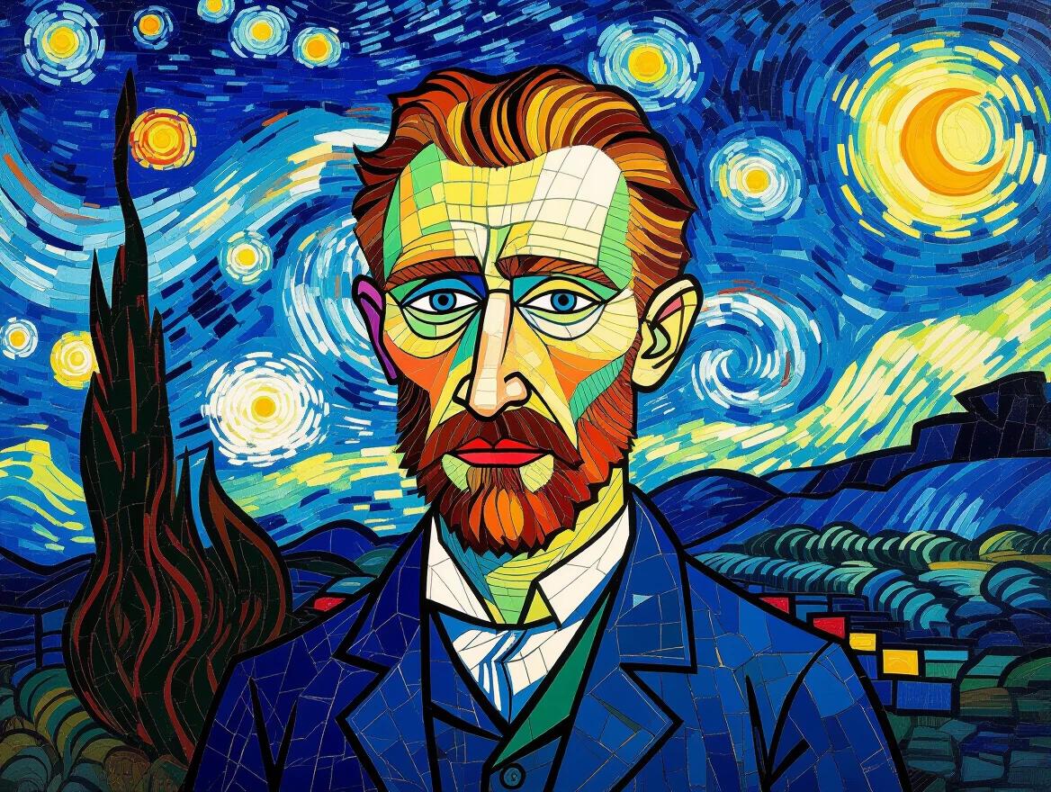 Mosaic style portrait of a man. Blue sky with swirling stars in background. Bright colors with distinct shapes. Expression of emotion captured in features. Influences from various artists evident in style.