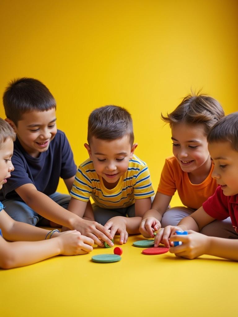 Group of children engaged in playing games on a yellow floor. Kids are interacting with colorful game pieces and showing excitement while playing together.