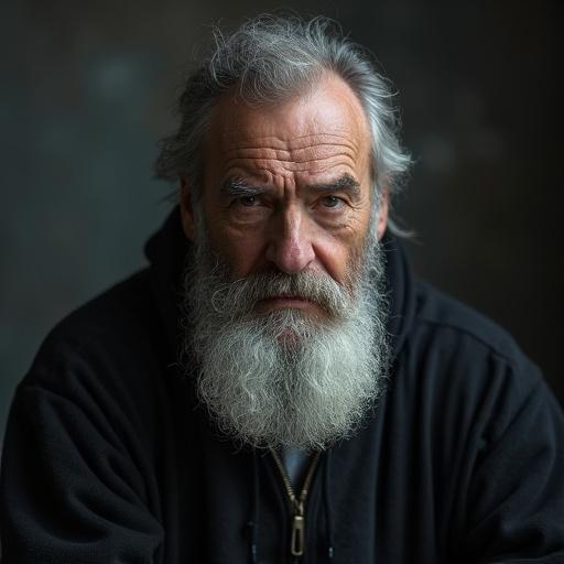 Photo features a brooding serious bearded old man with a contemplative expression. Soft lighting highlights features and creates a moody atmosphere.