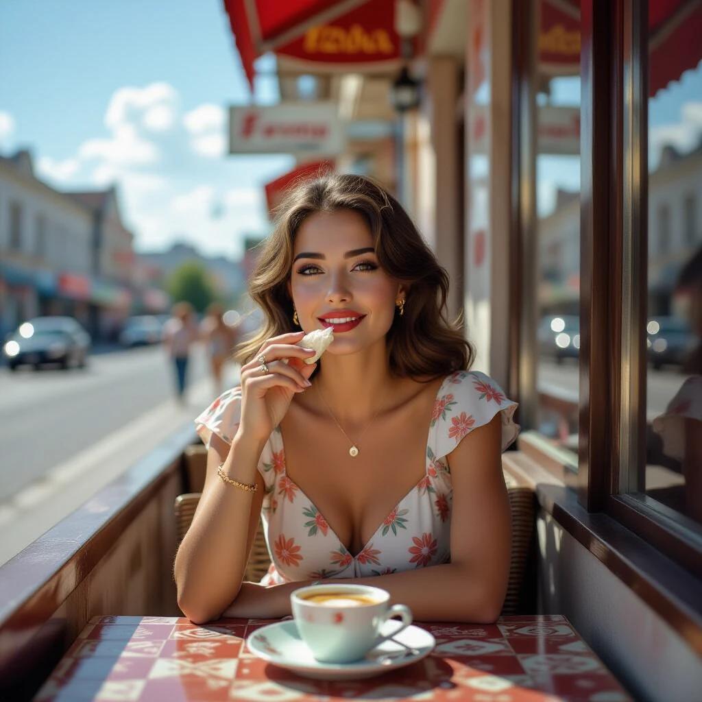 Street portrait featuring a beautiful woman in her thirties. She wears a short, lacy dress. She sits at a cafe table with a coffee cup. Bright colors fill the scene. Natural light enhances the aesthetic. The setting looks vibrant with a hint of nostalgia.