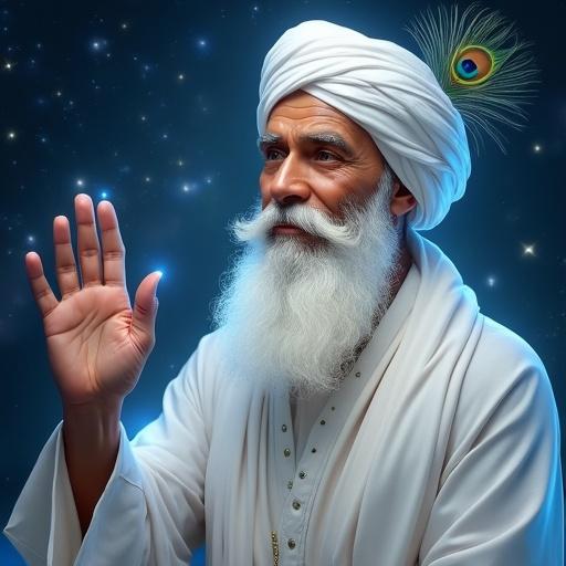 Create hyper-realistic portrait of a spiritual leader. Character is 50 years old. He has pure white moustache and beard. Wearing white turban with peacock feather. Right hand raised in blessing emitting white light. Background features entire universe with stars and cosmic formations. Detail to skin texture and turban folds is crucial.