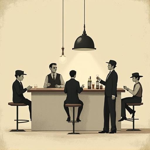 Illustration features stylized vintage humans in a bar setting. Characters are seated around a minimalist bar. The style is surreal with oversized objects and vast negative space. The background is clean and composed elegantly. A subtle grain texture gives a modern poetic tone.