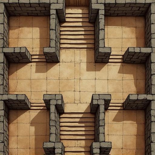Dungeon map on aged paper showing nine rooms connected by staircases. Top-down view displays structure and layout clearly.
