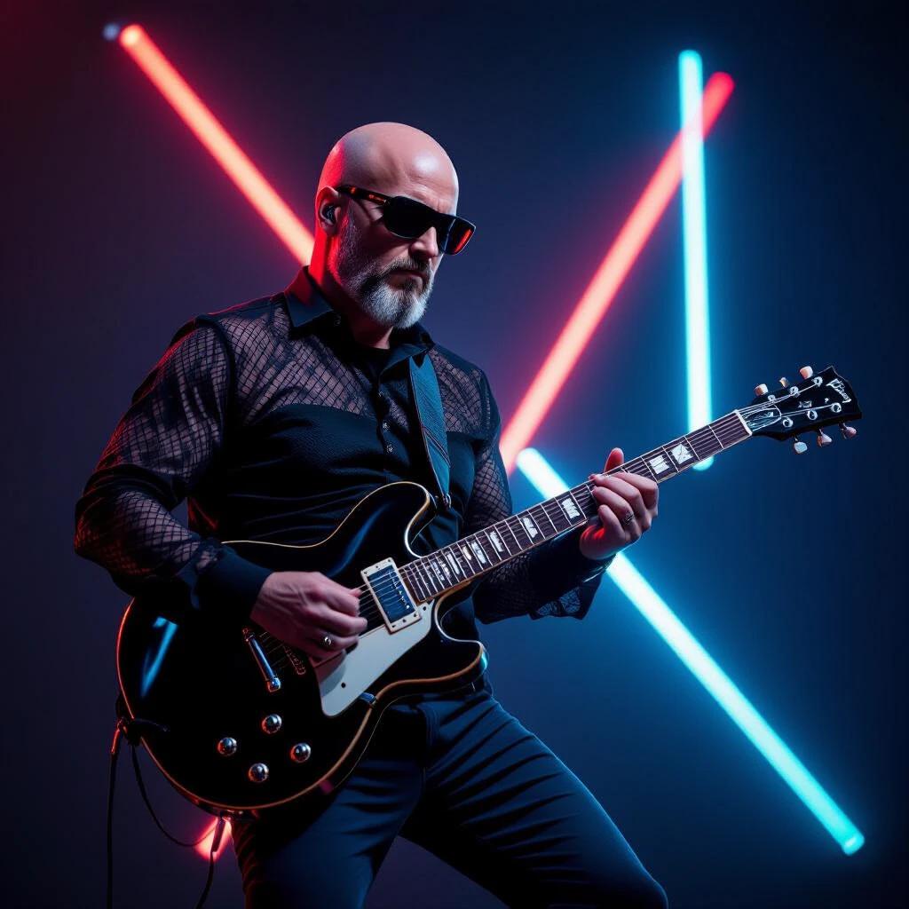 Bald guitarist with dark sunglasses wearing black mesh shirt and dark blue pants plays black electric guitar with neon red and blue beams in the background.