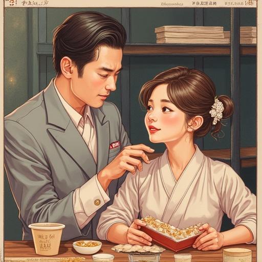 A romantic scene featuring a couple sharing food in a cozy setting. The male figure is dressed in a formal suit, while the female figure is in traditional attire. They are gazing at each other with affection, highlighting the connection between them.