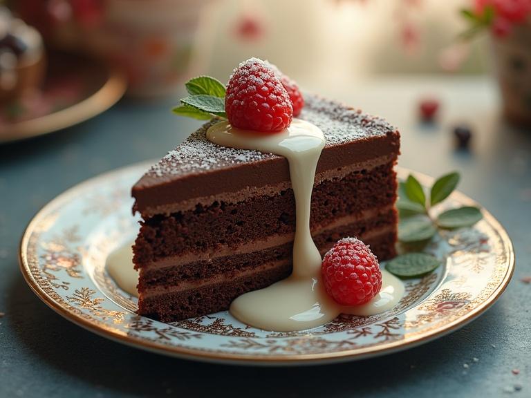 Close-up of a chocolate cake slice with vanilla sauce cascading down. Decorated with raspberries on a decorative plate. Warm lighting enhances the details. Emphasis on colors and textures in a surreal, dreamlike style.