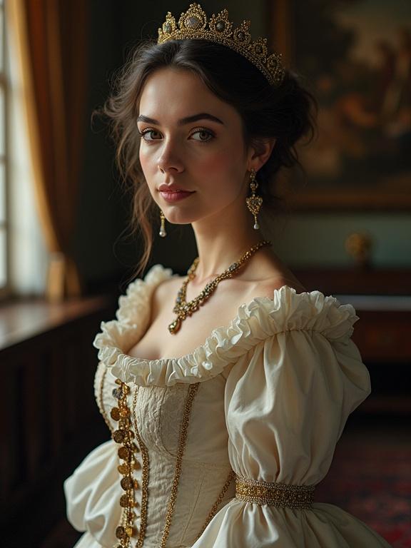 Portrait of a Victorian lady in elegant cream dress with intricate details. The setting is a classical room with warm lighting.