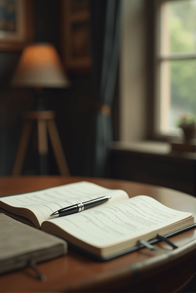 An open book with a pen rests on a wooden table near a soft-lit lamp and a window.