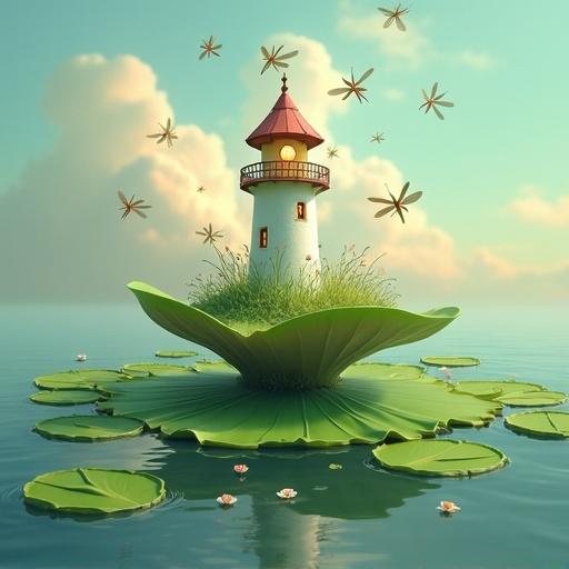 A small whimsical lighthouse grows from a giant lily pad. The lily pad drifts down a calm river. Dragonflies circle the lighthouse. The style is fantasy with pastel colors. Dreamy lighting enhances the scene. Soft painterly strokes are used throughout.