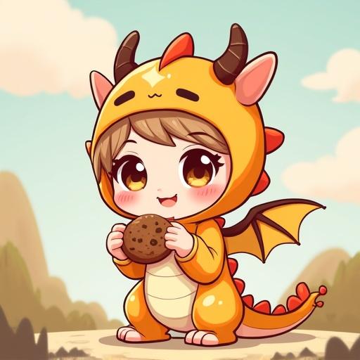 Chibi girl wearing a dragon costume stands outdoors holding a cookie. She has large eyes and is smiling. Soft pastel colors used in a storybook style.