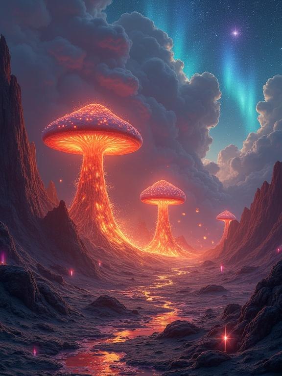 Volcanic mushrooms release clouds of incandescent spores instead of lava. Elven smiths forge magical weapons using the heat. Spore clouds create an auroral sky. Landscape features lunar terrain with water-filled craters reflecting sky colors. Crystals amplify light from the spores.