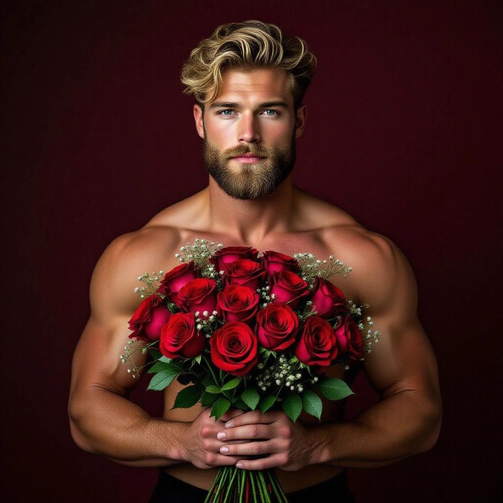 Muscular blond man with a beard shirtless holding a bouquet of red roses with baby's breath looking directly at viewer in a romantic manner.