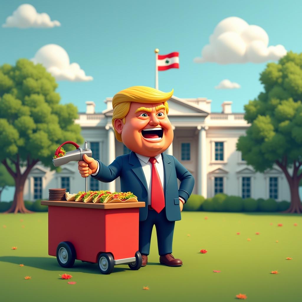 3D cartoon character selling tacos on the White House lawn. Character depicted with exaggerated features and a smiling expression. Taco cart has various tacos on display. Bright sunny day with a clear sky and vibrant lawn.