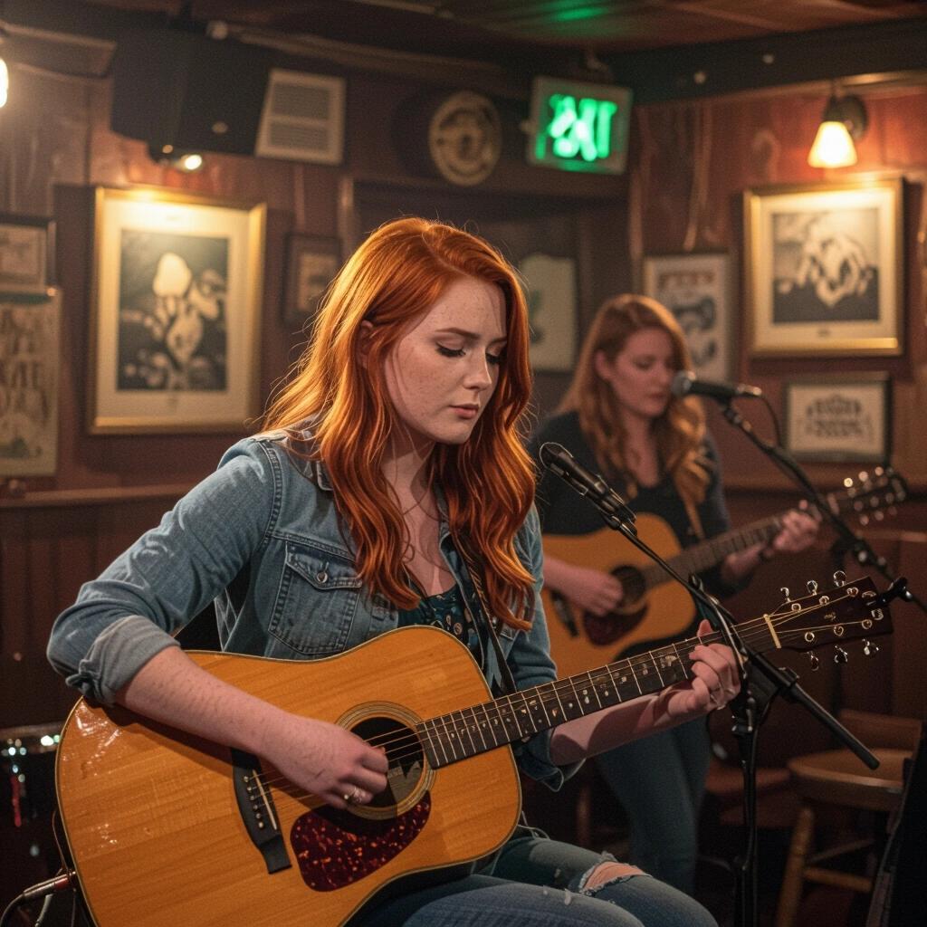 Red-haired Irish girl performs on stage. Guitar in hand. Dark night. Smoky atmosphere in the pub. Live music backdrop with warm lighting. Another musician in background.