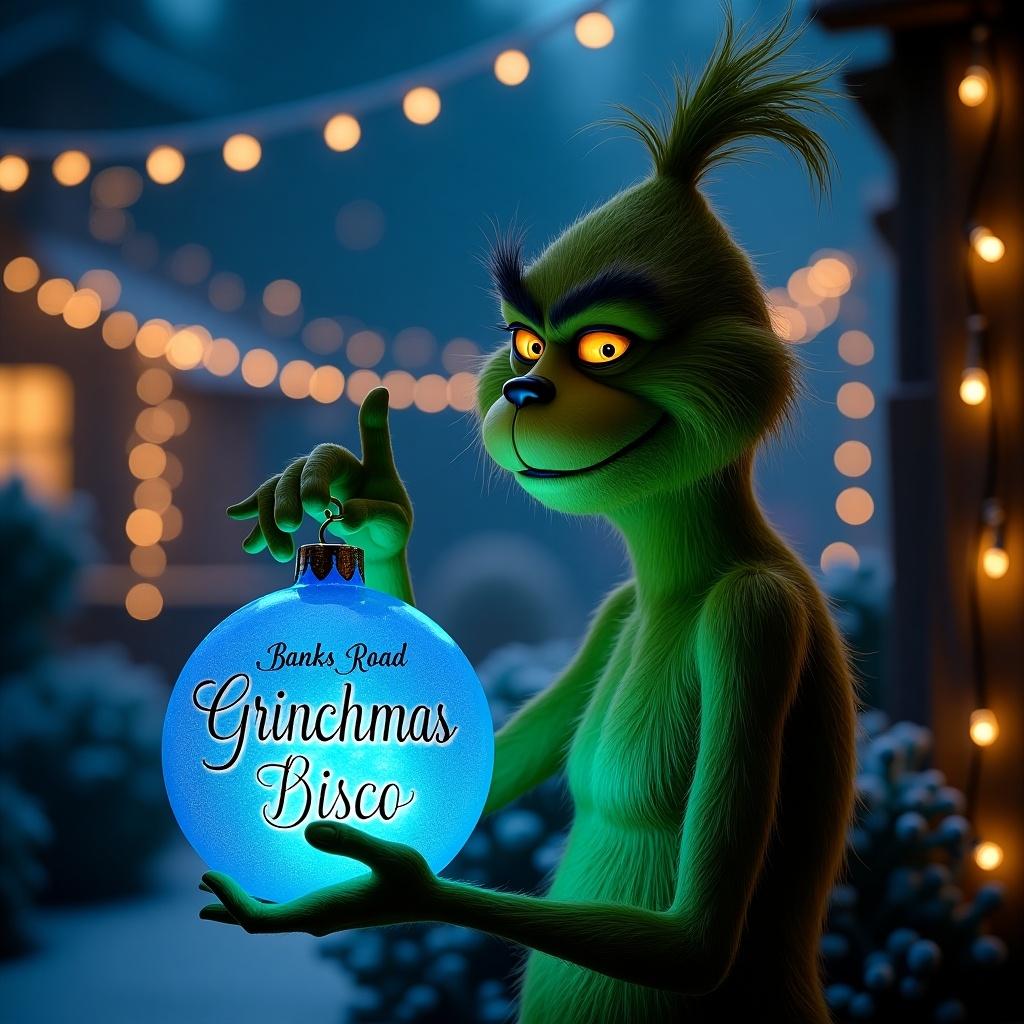 A night garden scene with the Grinch. Grinch holds a blue glowing Christmas bauble. The bauble is marked with Banks Road Grinchmas Disco in elegant script. Surrounding twinkling lights create a magical feel.