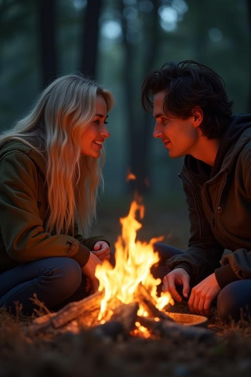 A dark blonde haired woman and a dark haired man looking at each other over a campfire. They express feelings of love but try to hide it. The setting is a forest at dusk with atmospheric lighting.