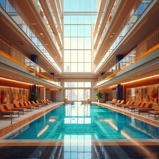 Anime-inspired futuristic luxury indoor pool inside modern Kamakiri Industries building at noon light gold and onyx color scheme with cherry blossoms