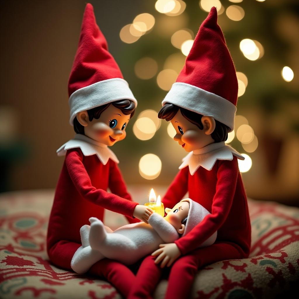 Two elves with pointy hats sit together. One elf holds a baby elf while the other elf feeds the baby with a bottle. Cozy holiday ambiance with soft lighting and a Christmas tree in background.