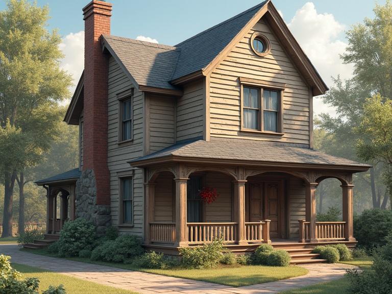 Realistic image of a nostalgic wooden house with a porch and detailed architecture. Surrounding greenery and clear skies contribute to the serene atmosphere.
