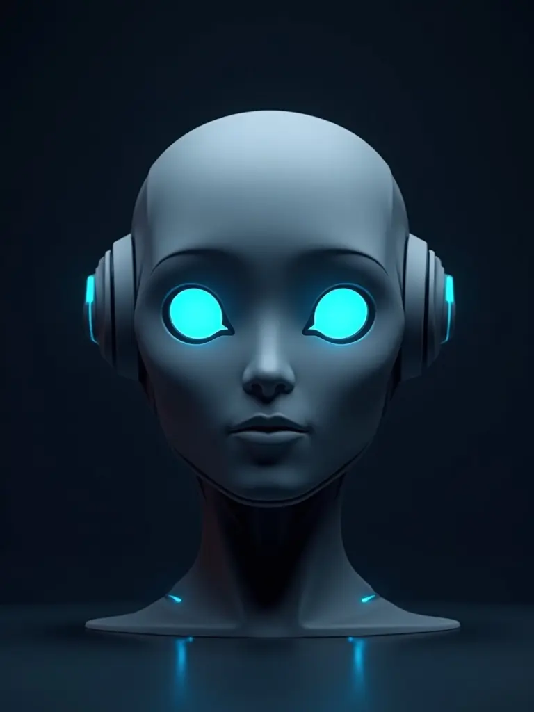 Futuristic minimalistic robot head against dark background. Glowing blue accents highlight advanced technology. Sleek design reflects reliability and friendly appearance. Modern metallic texture and clean lines emphasize AI concept.