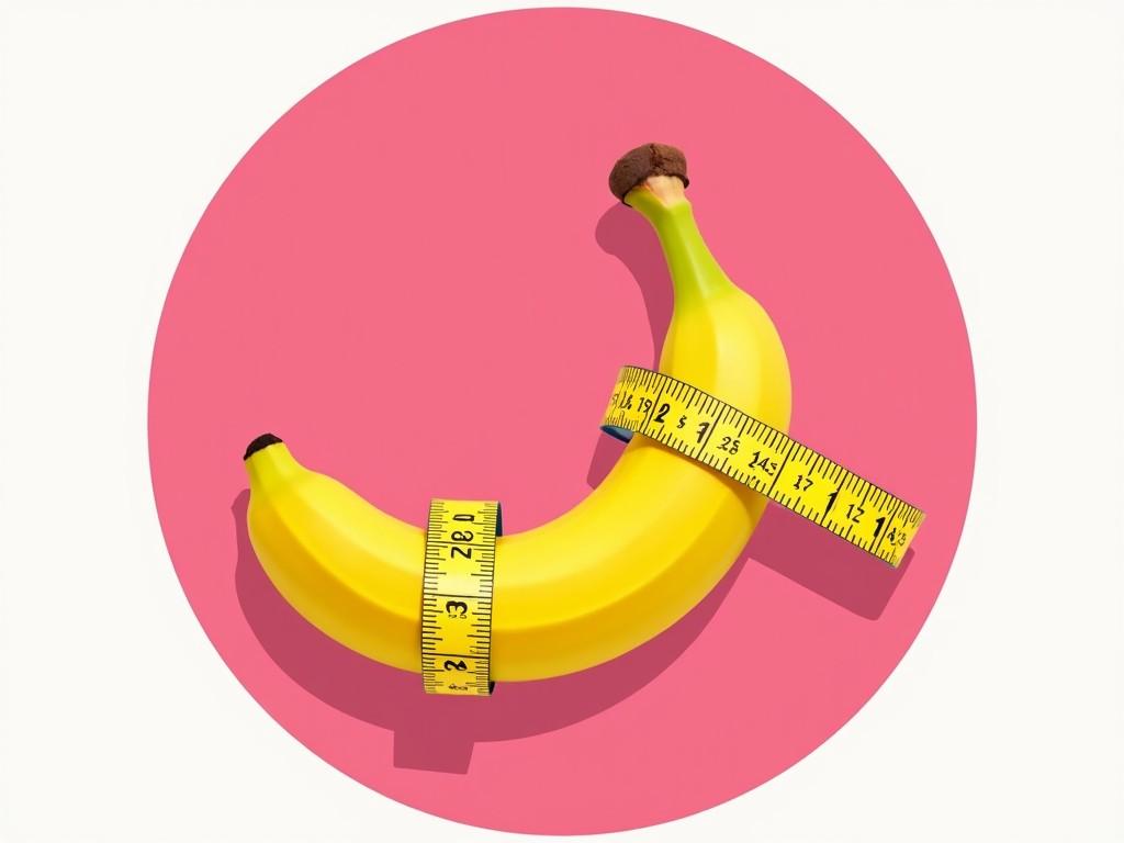 The image features a vibrant yellow banana, set against a bold pink circular background. The banana is wrapped with a yellow measuring tape, emphasizing its curvature and playfully suggesting themes of size and measurement. The clean background and bright colors create a striking, modern aesthetic.