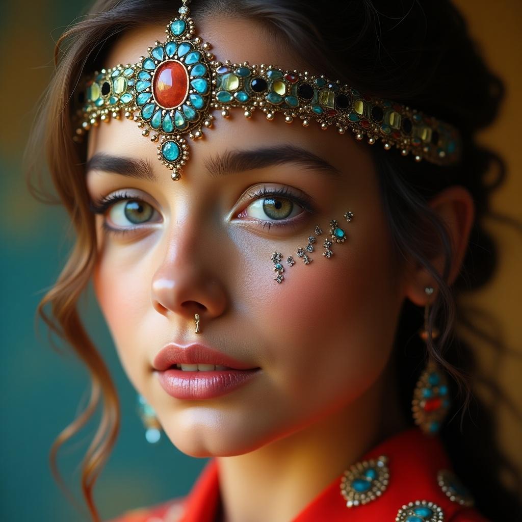 Futuristic Bindi displayed on a person. Focus exclusively on the Bindi's design and accessories, highlighting vibrant colors and styling techniques. Capture the essence of modern fashion blended with traditional elements.