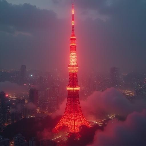 Tokyo Tower appears as a glowing red tree. Branches extend into thinned glowing lines representing data flowing in the sky. Illusion visible in dense fog. Cyberpunk theme enhances the atmosphere.