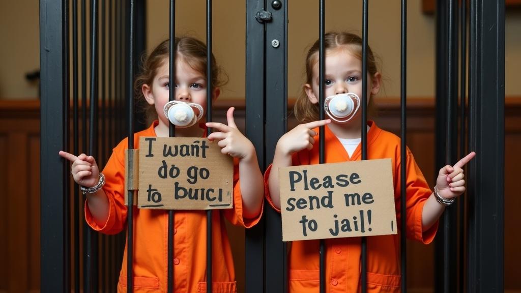 Two children wearing orange jail jumpsuits pose inside a metal cage. They have pacifiers in their mouths and point at them. Each holds a sign with humorous phrases about wanting to go to jail. Parents playfully protest in the background with signs.